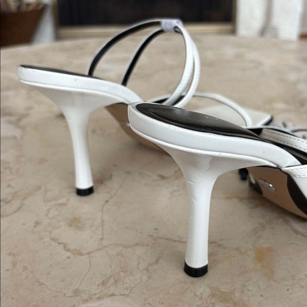 NWT Zara Strappy Patent Leather Asymmetrical Square Toe Heeled Sandals - Picture 7 of 8